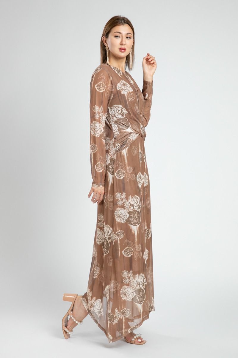 Printed Mesh Maxi Dress with Draped Waist