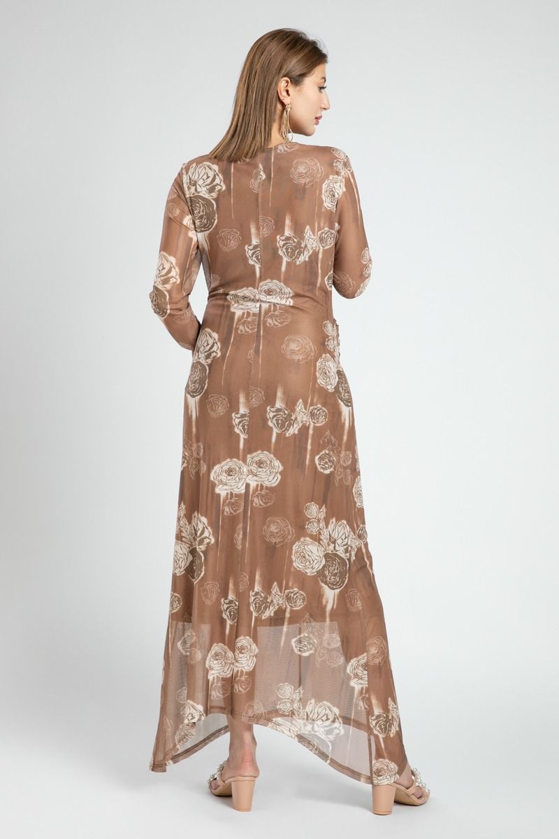 Printed Mesh Maxi Dress with Draped Waist