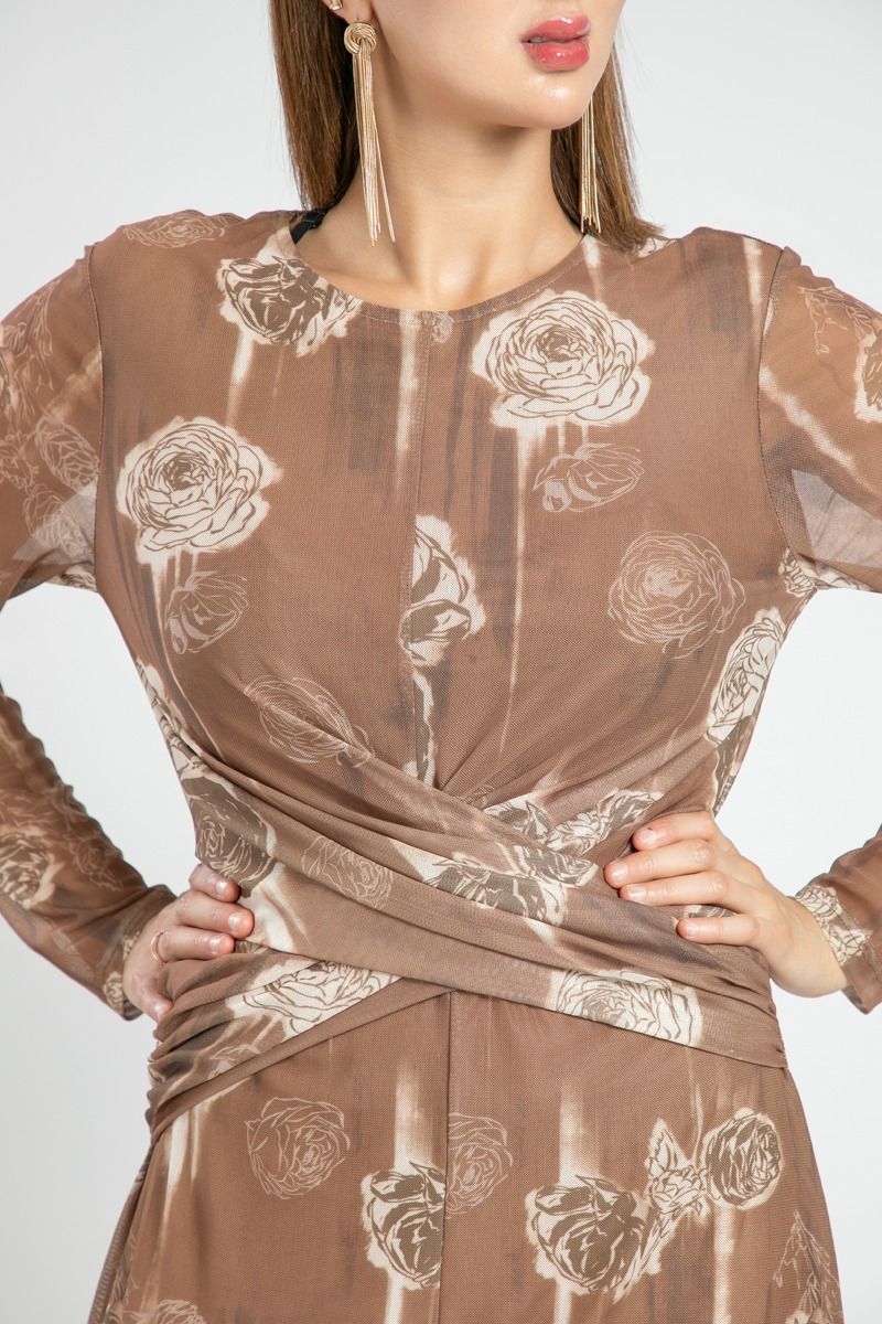 Printed Mesh Maxi Dress with Draped Waist
