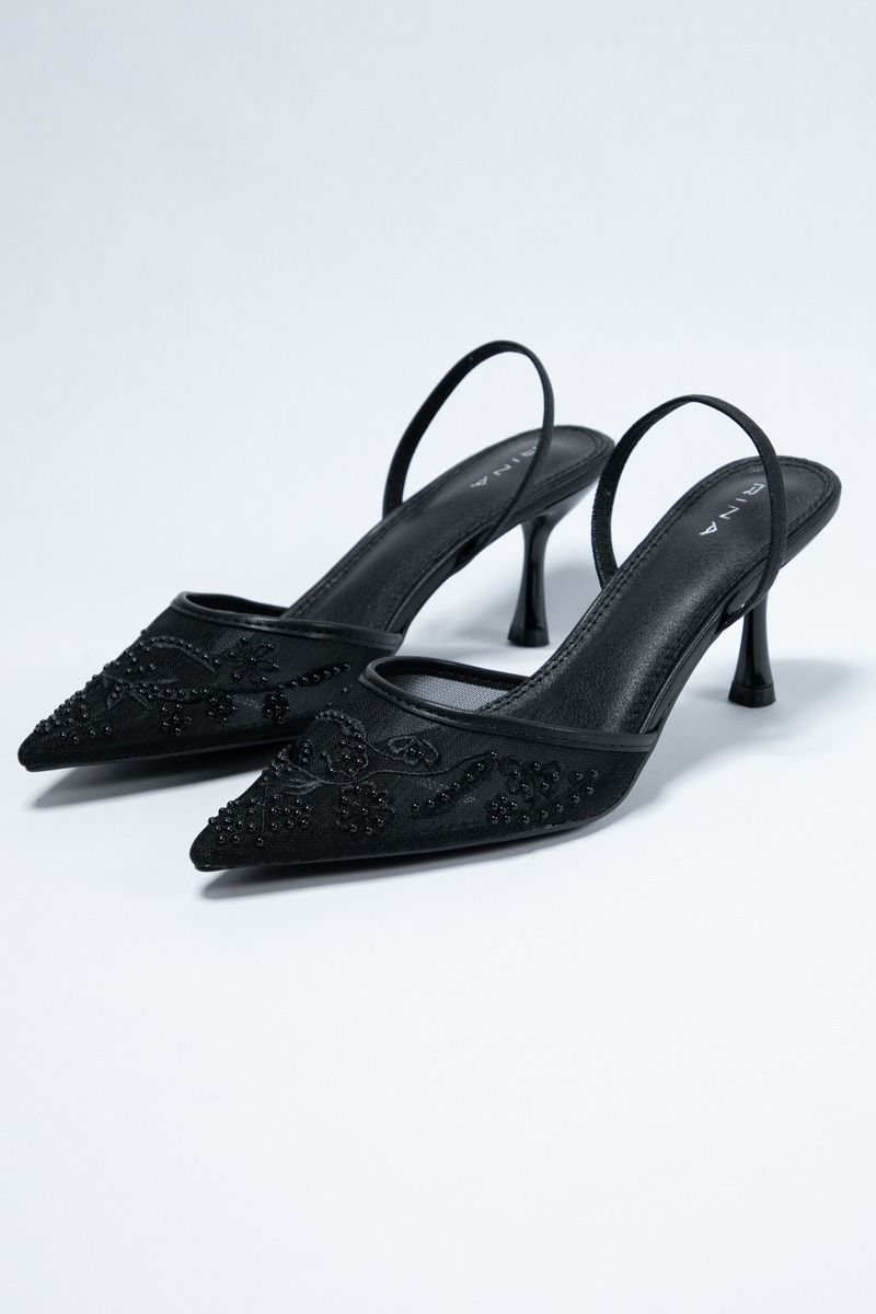 Chic Heeled Slingback Sandals - Beaded Elegance