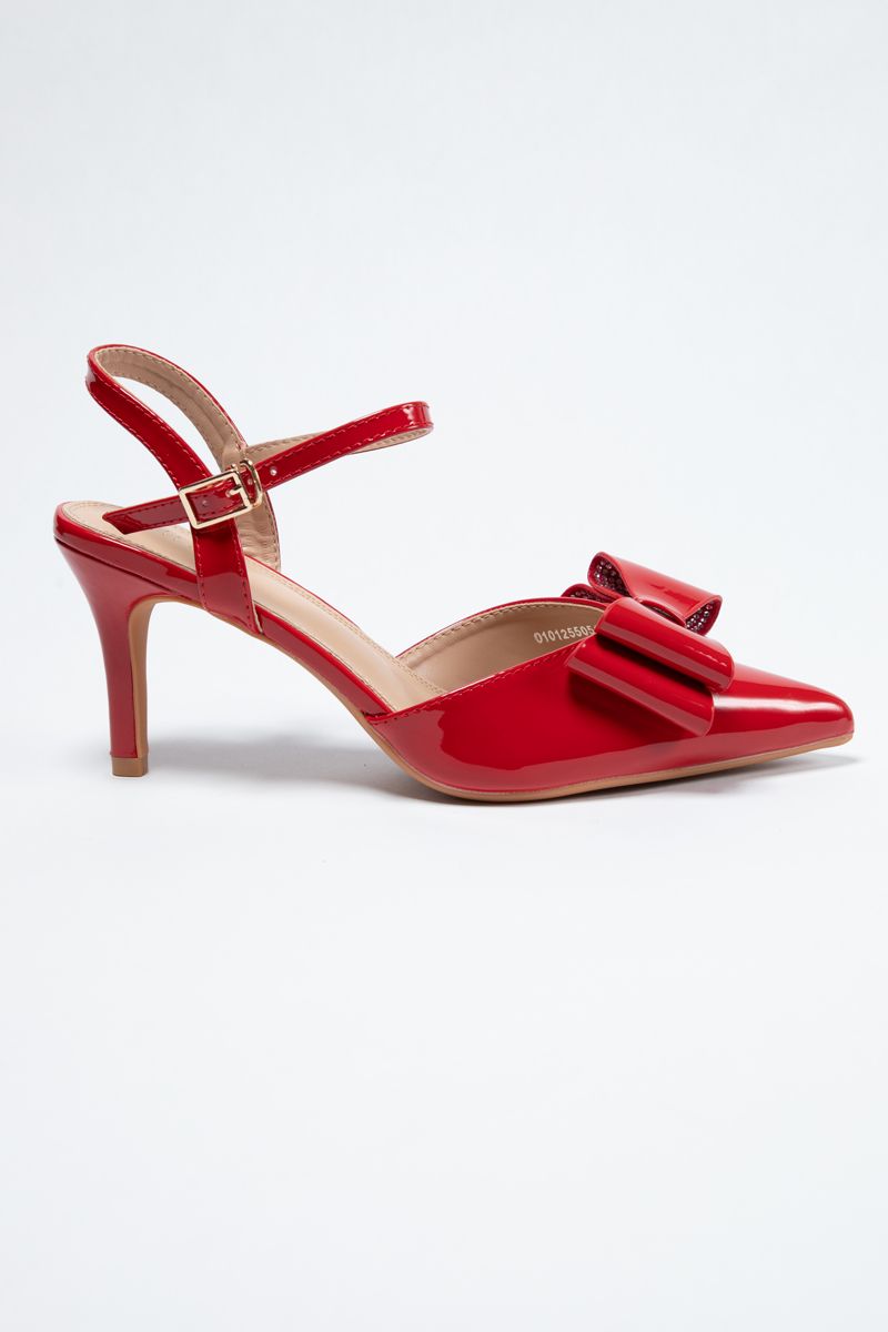 Glossy Heeled Slingback Sandals - Bow Charm