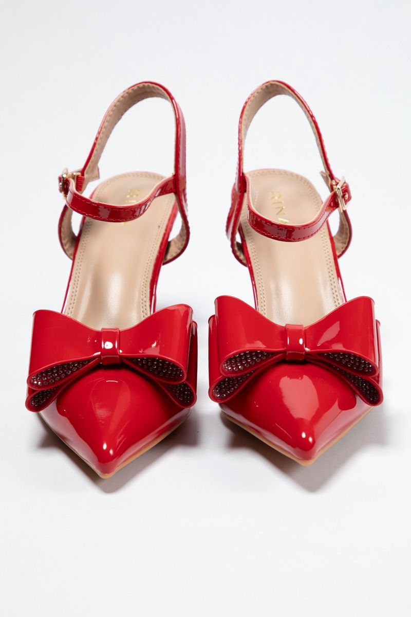 Glossy Heeled Slingback Sandals - Bow Charm