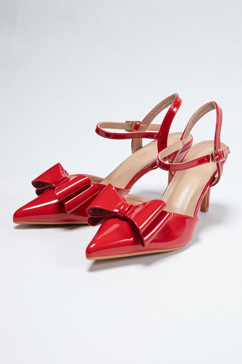 Glossy Heeled Slingback Sandals - Bow Charm