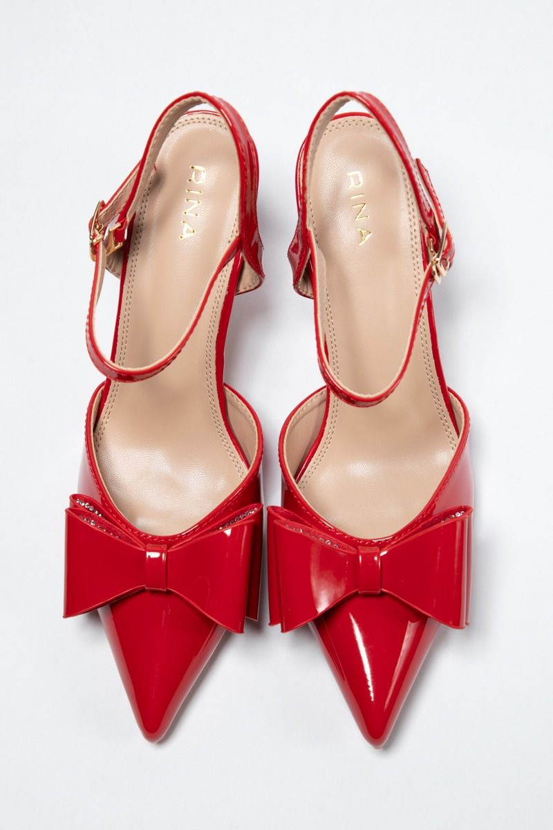 Glossy Heeled Slingback Sandals - Bow Charm