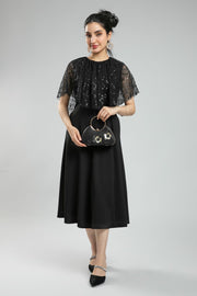 Women's Sleeveless Longline Party Dress - Lace Cape Layer with Sequins