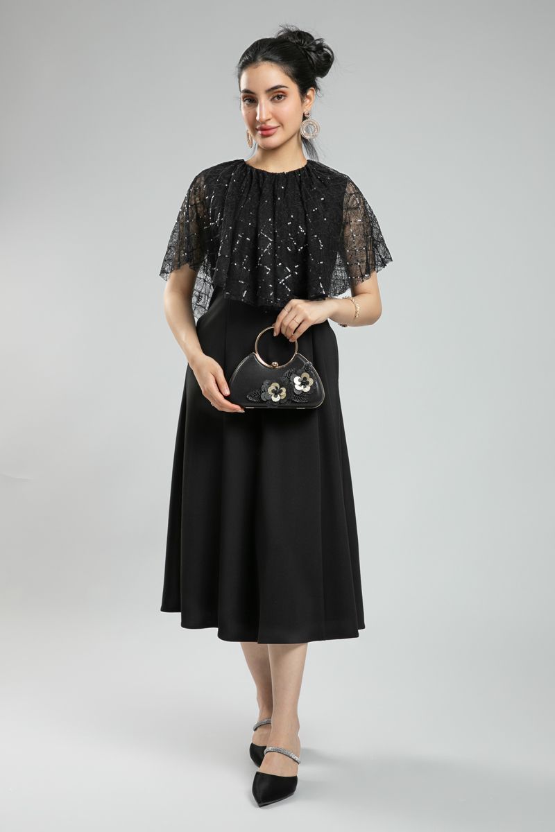 Women's Sleeveless Longline Party Dress - Lace Cape Layer with Sequins