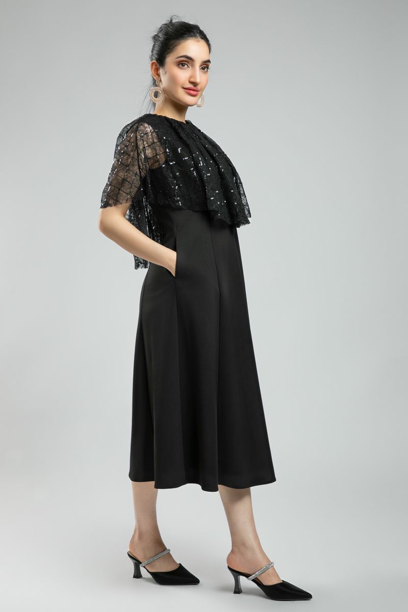 Women's Sleeveless Longline Party Dress - Lace Cape Layer with Sequins