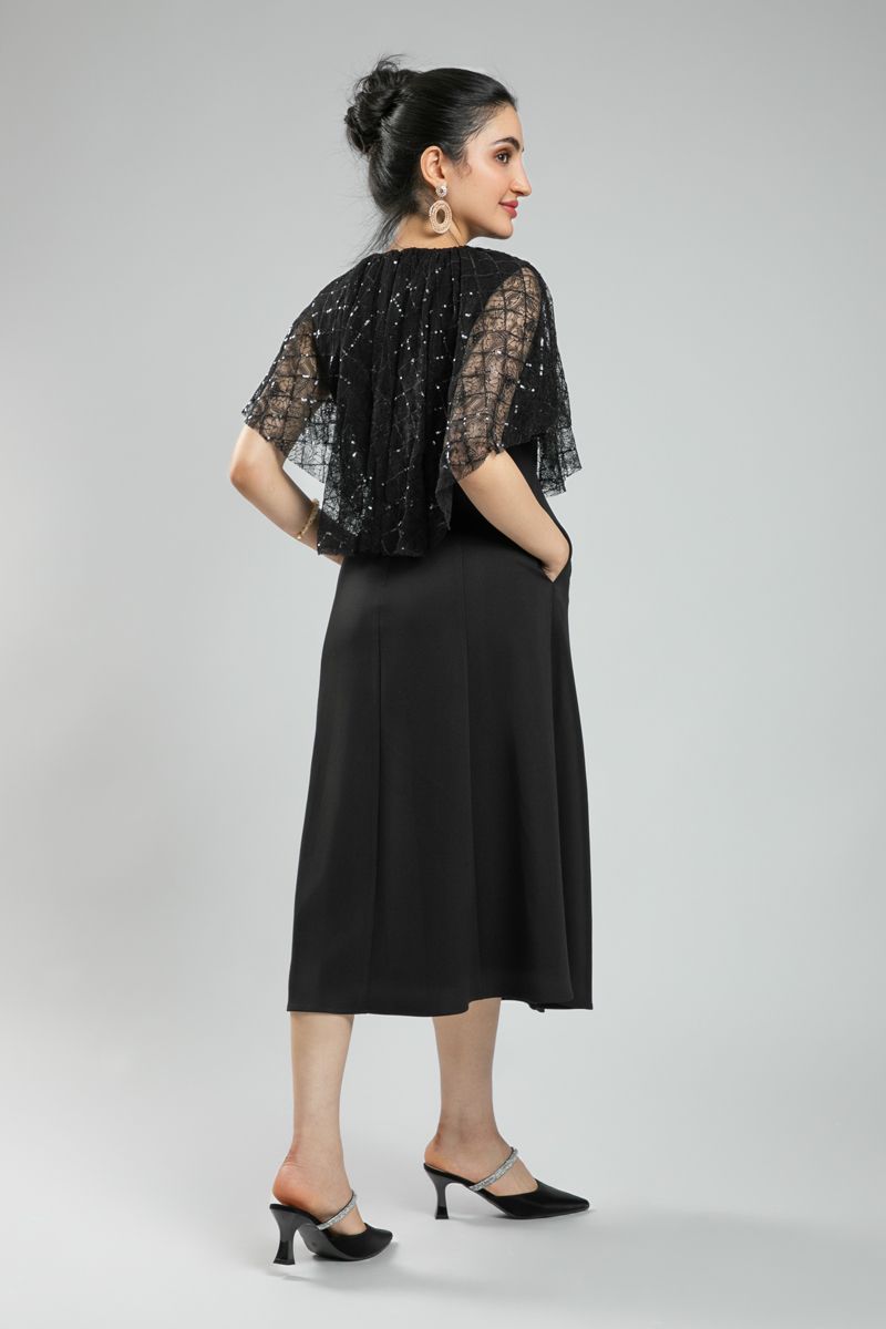 Women's Sleeveless Longline Party Dress - Lace Cape Layer with Sequins