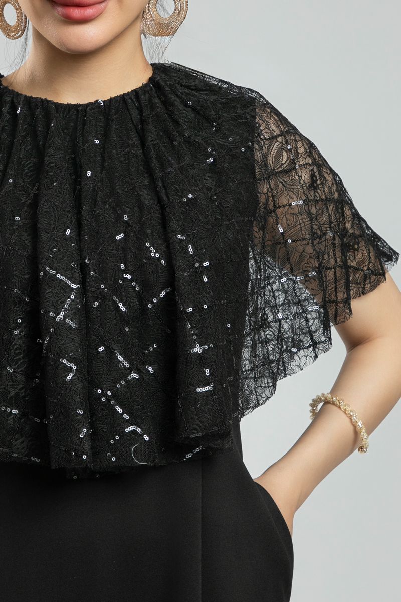 Women's Sleeveless Longline Party Dress - Lace Cape Layer with Sequins