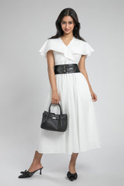 Midi Dress with Cape Collar and Wide Belt