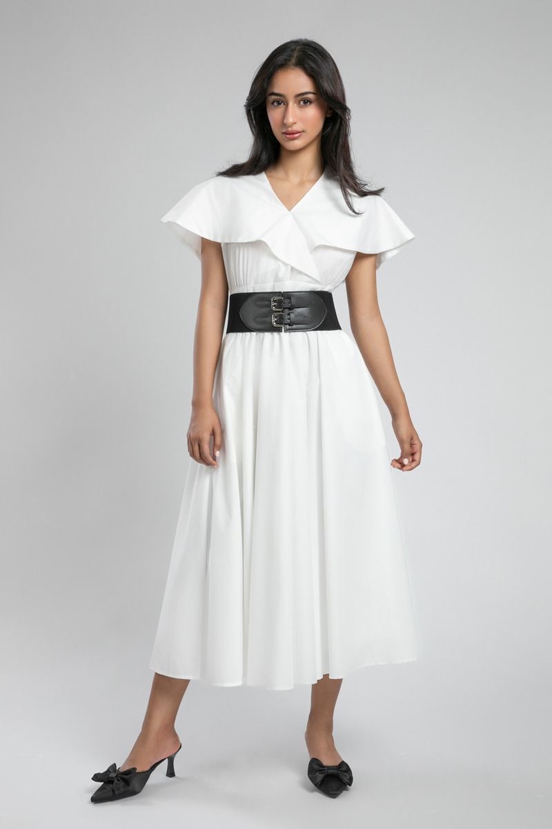 Midi Dress with Cape Collar and Wide Belt