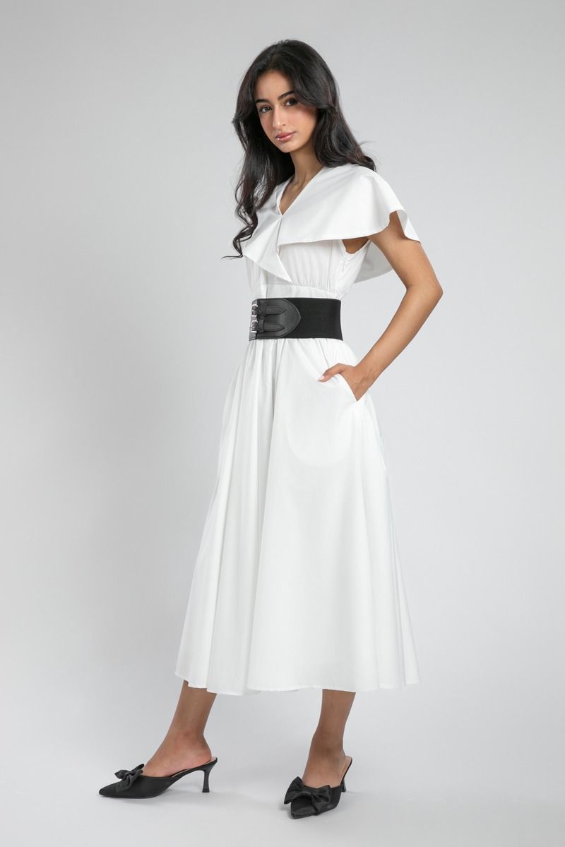 Midi Dress with Cape Collar and Wide Belt