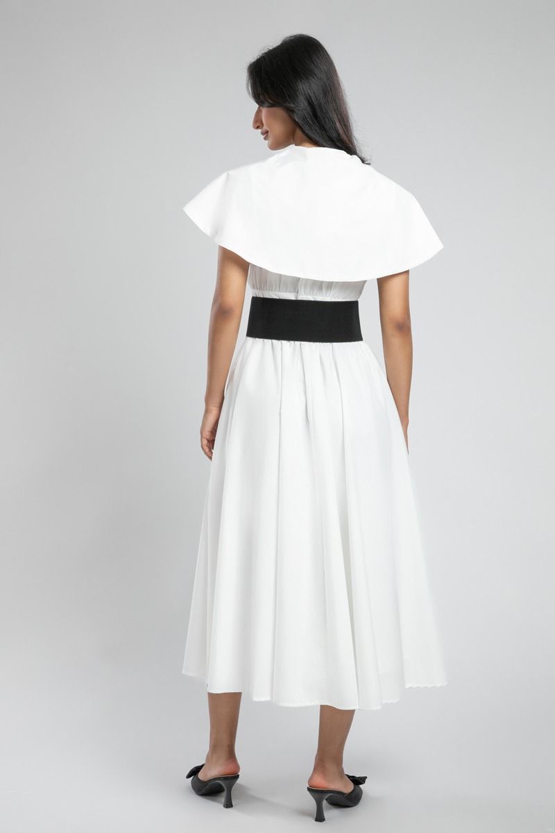 Midi Dress with Cape Collar and Wide Belt