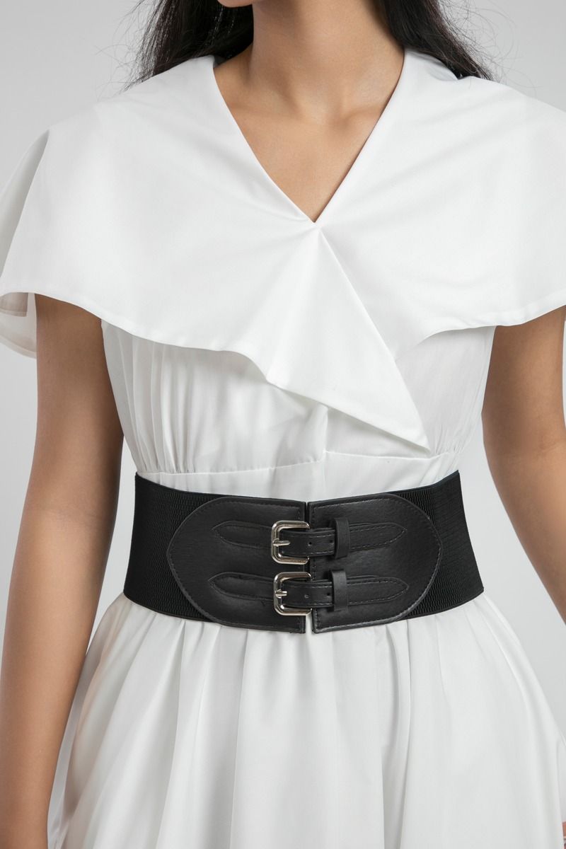 Midi Dress with Cape Collar and Wide Belt