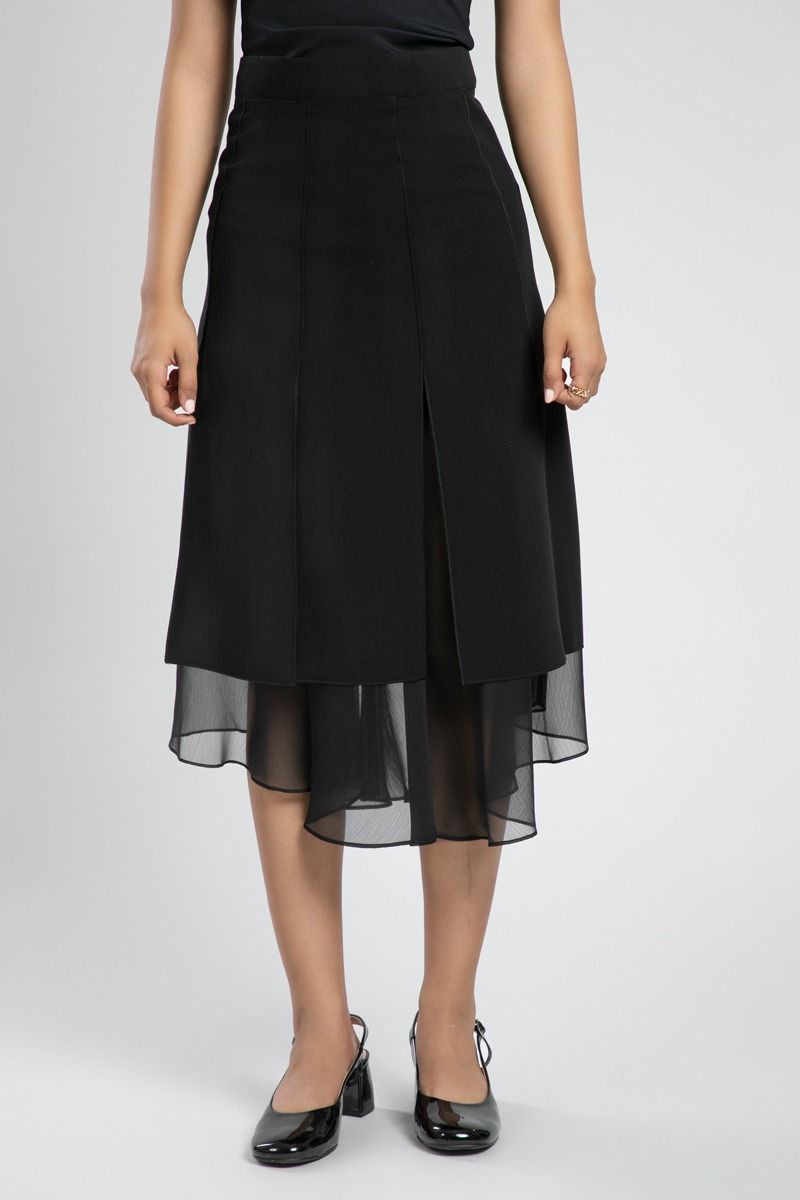 Layered Midi Skirt with Sheer Hem Detail