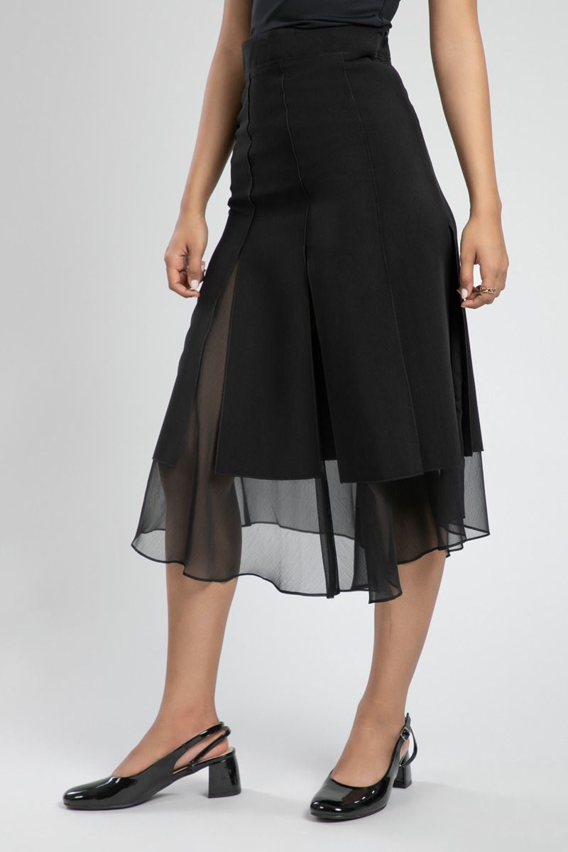 Layered Midi Skirt with Sheer Hem Detail