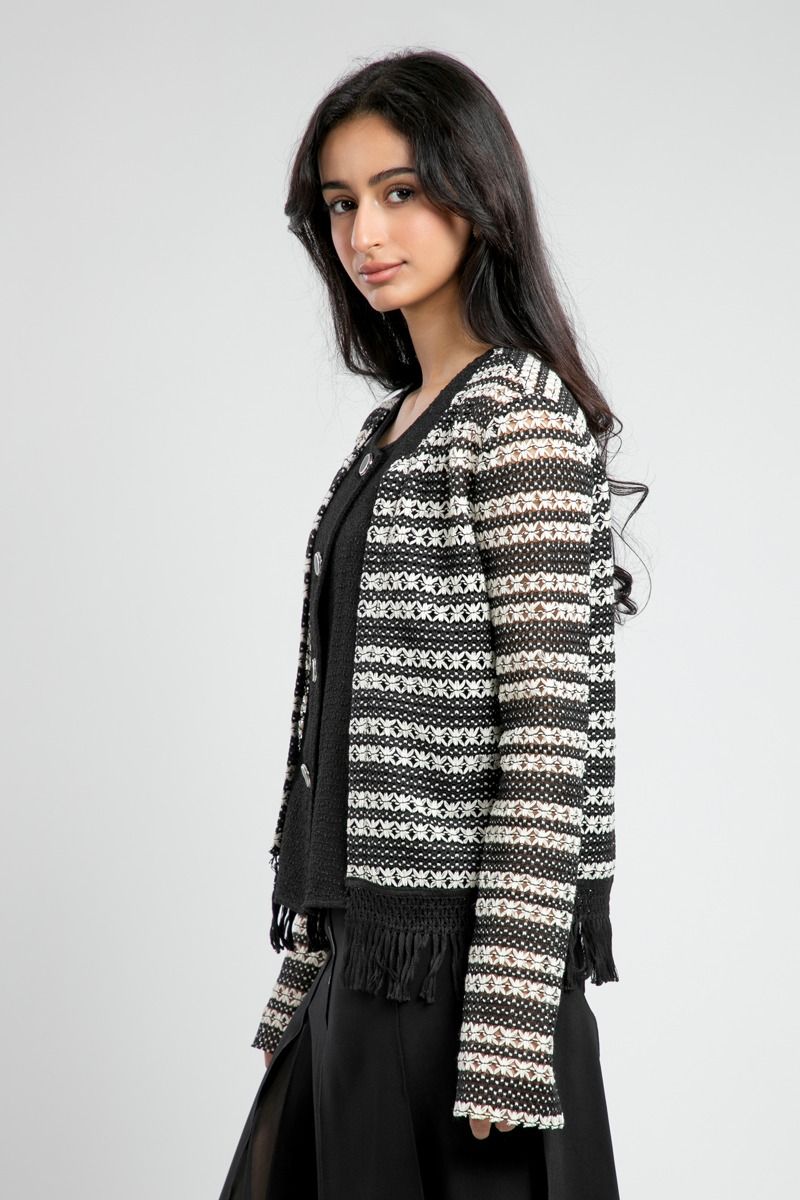 Embroidered Striped Jacket with Fringe Hem