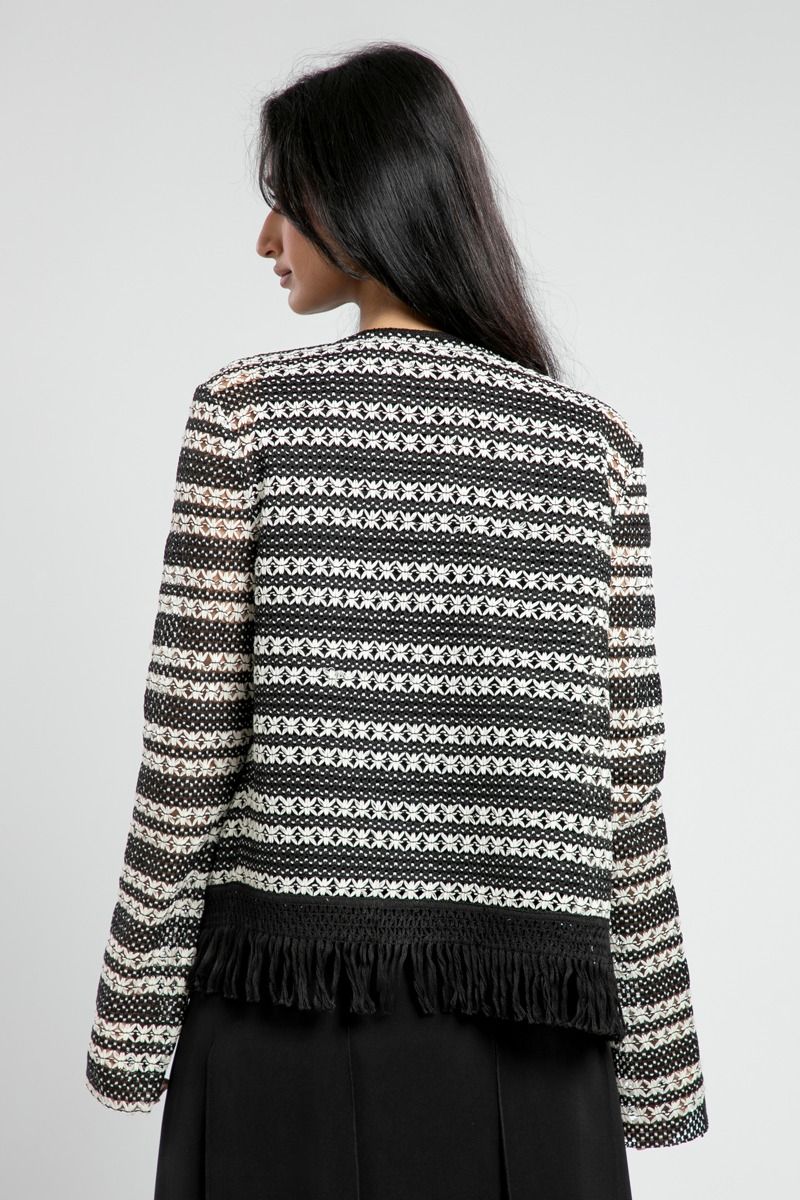 Embroidered Striped Jacket with Fringe Hem