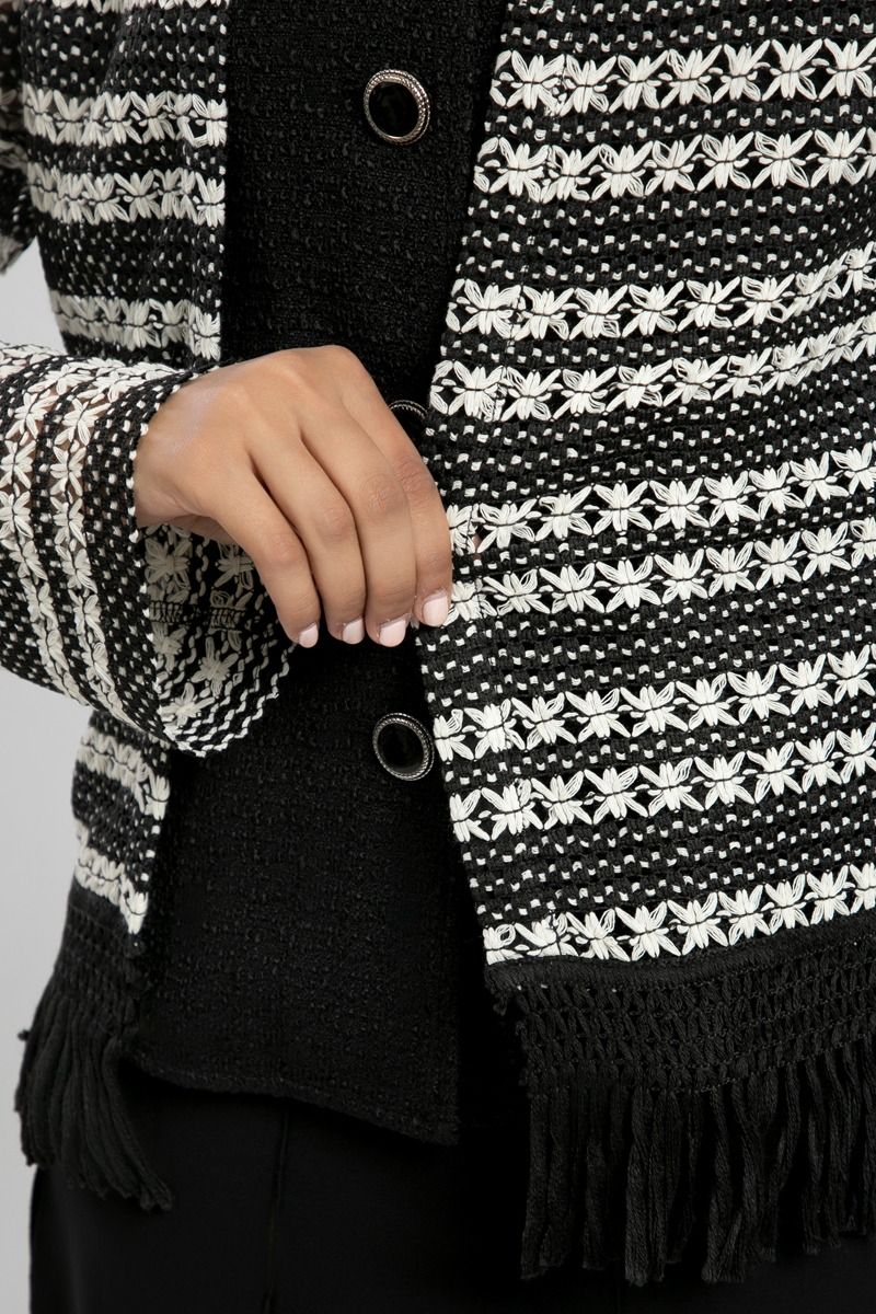 Embroidered Striped Jacket with Fringe Hem