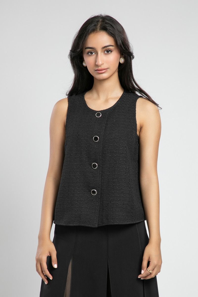 Sleeveless Textured Top with Statement Buttons