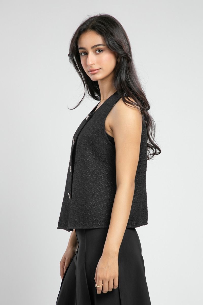 Sleeveless Textured Top with Statement Buttons