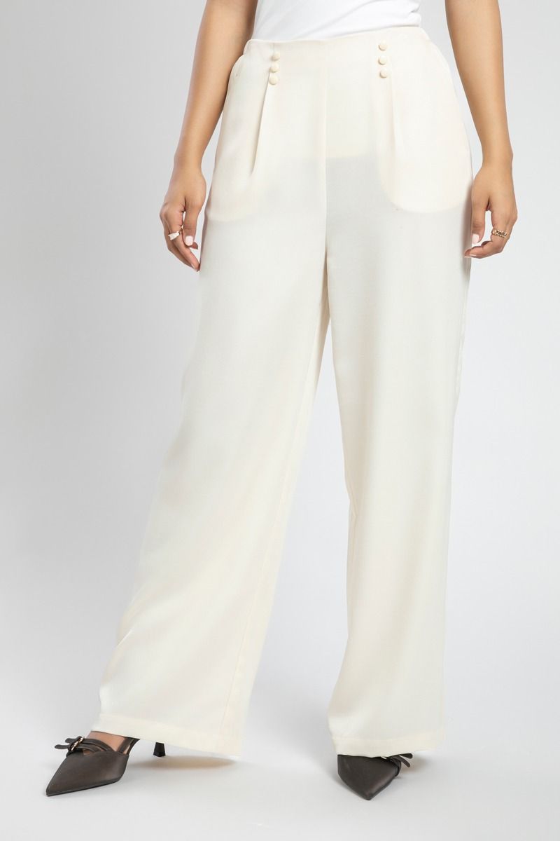 High Waist Wide Leg Pants with Button Detail