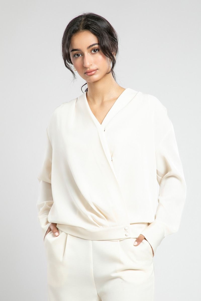Wrap Style Blouse with Buttoned Hem