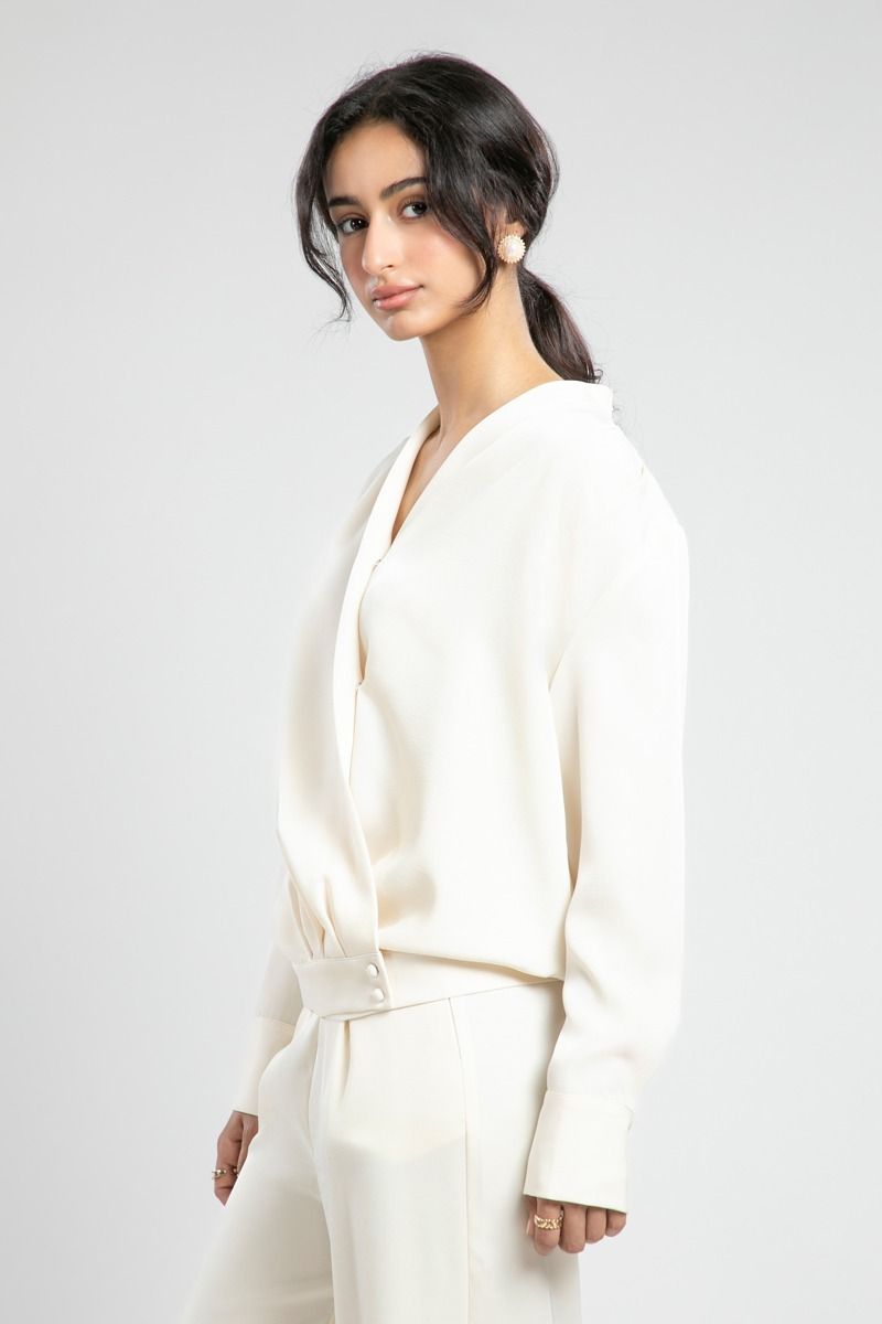 Wrap Style Blouse with Buttoned Hem