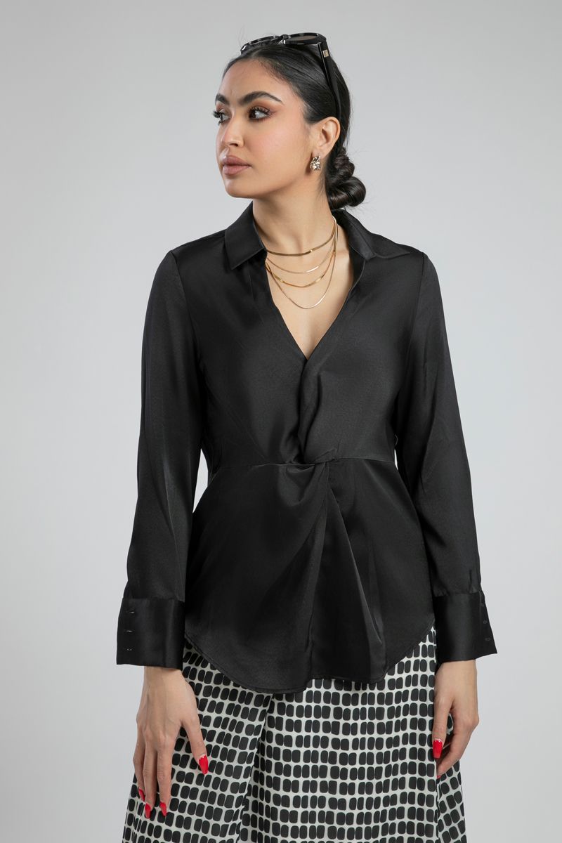 Satin Wrap Blouse with Long Sleeves