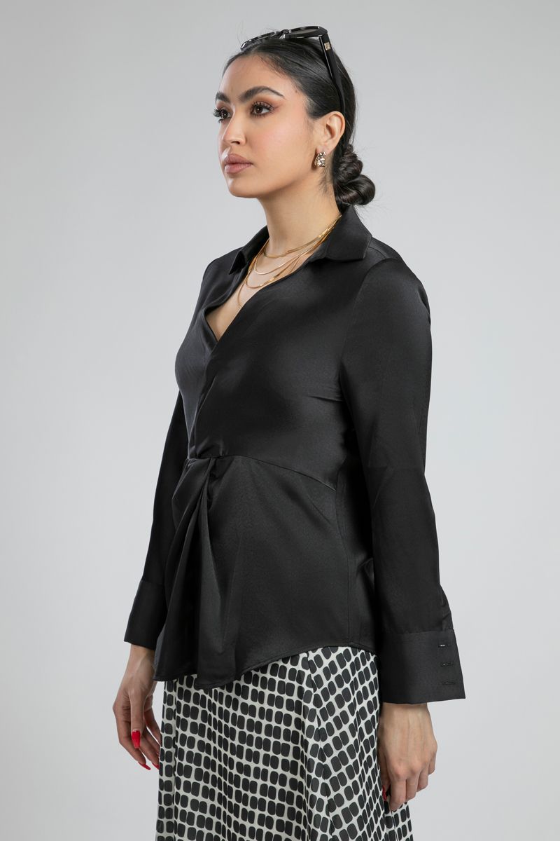 Satin Wrap Blouse with Long Sleeves