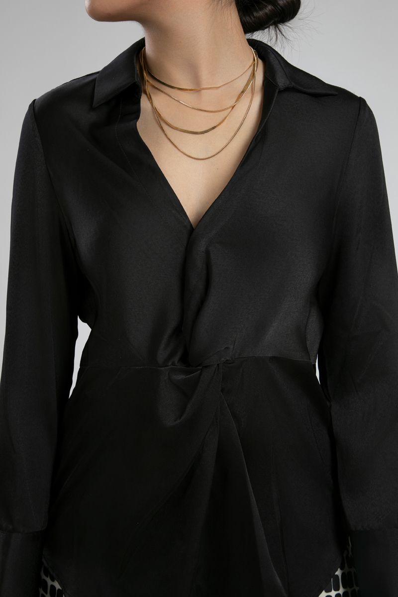 Satin Wrap Blouse with Long Sleeves