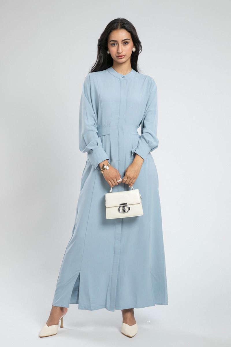 Belted Maxi Dress with Mandarin Collar