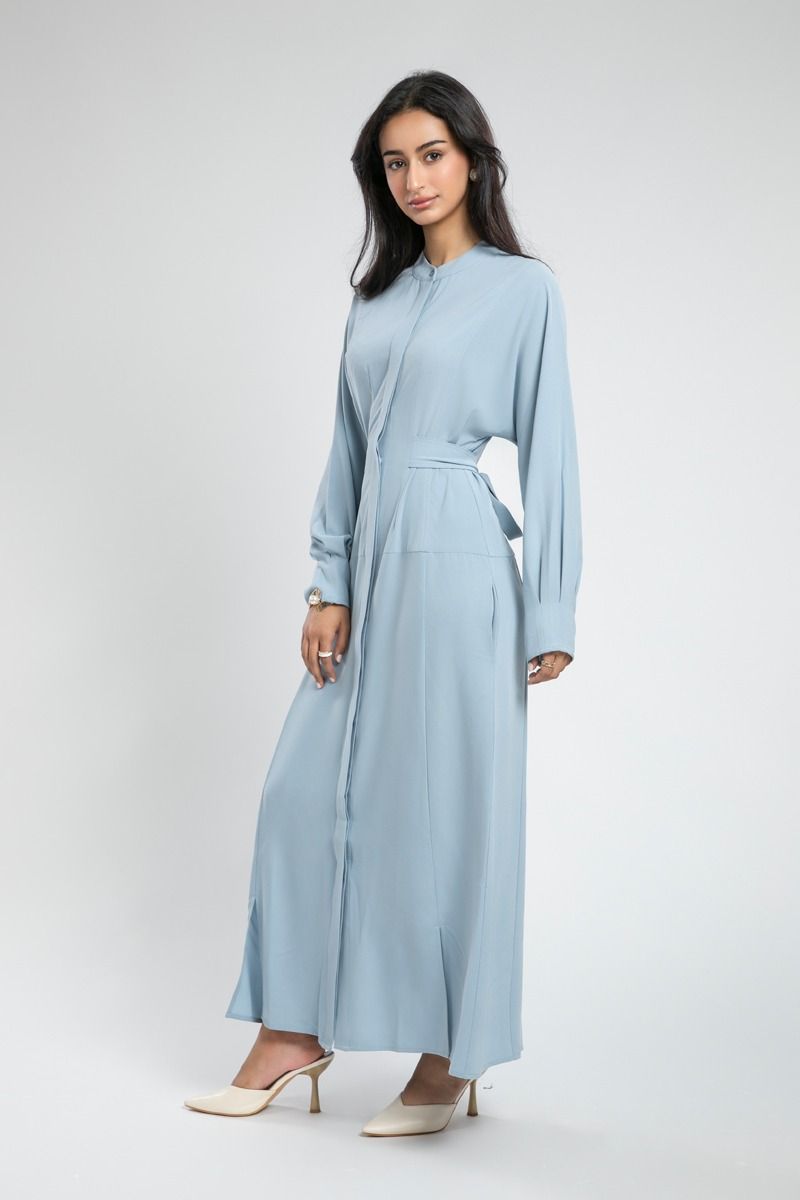 Belted Maxi Dress with Mandarin Collar