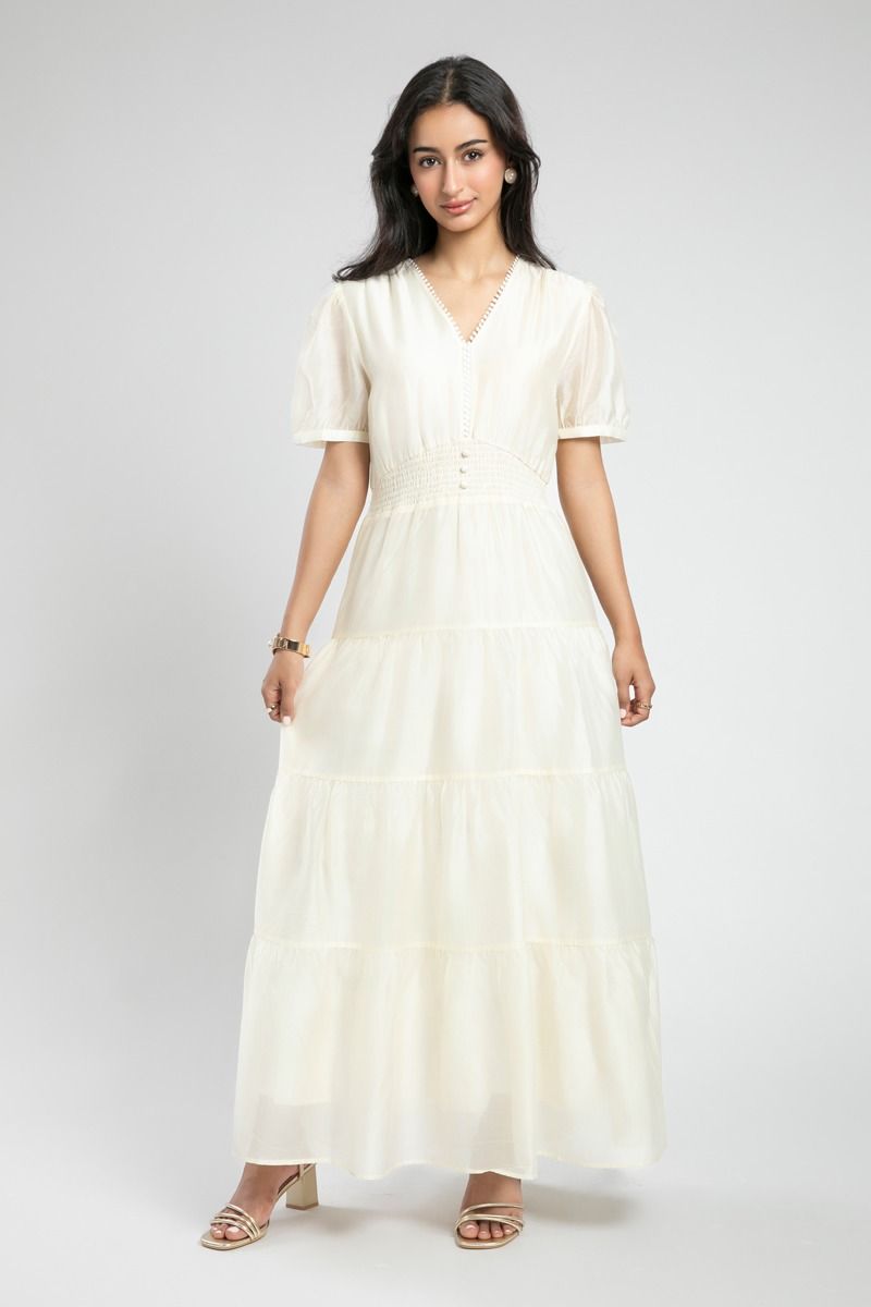 Smocked Waist Maxi Dress with Puff Sleeves