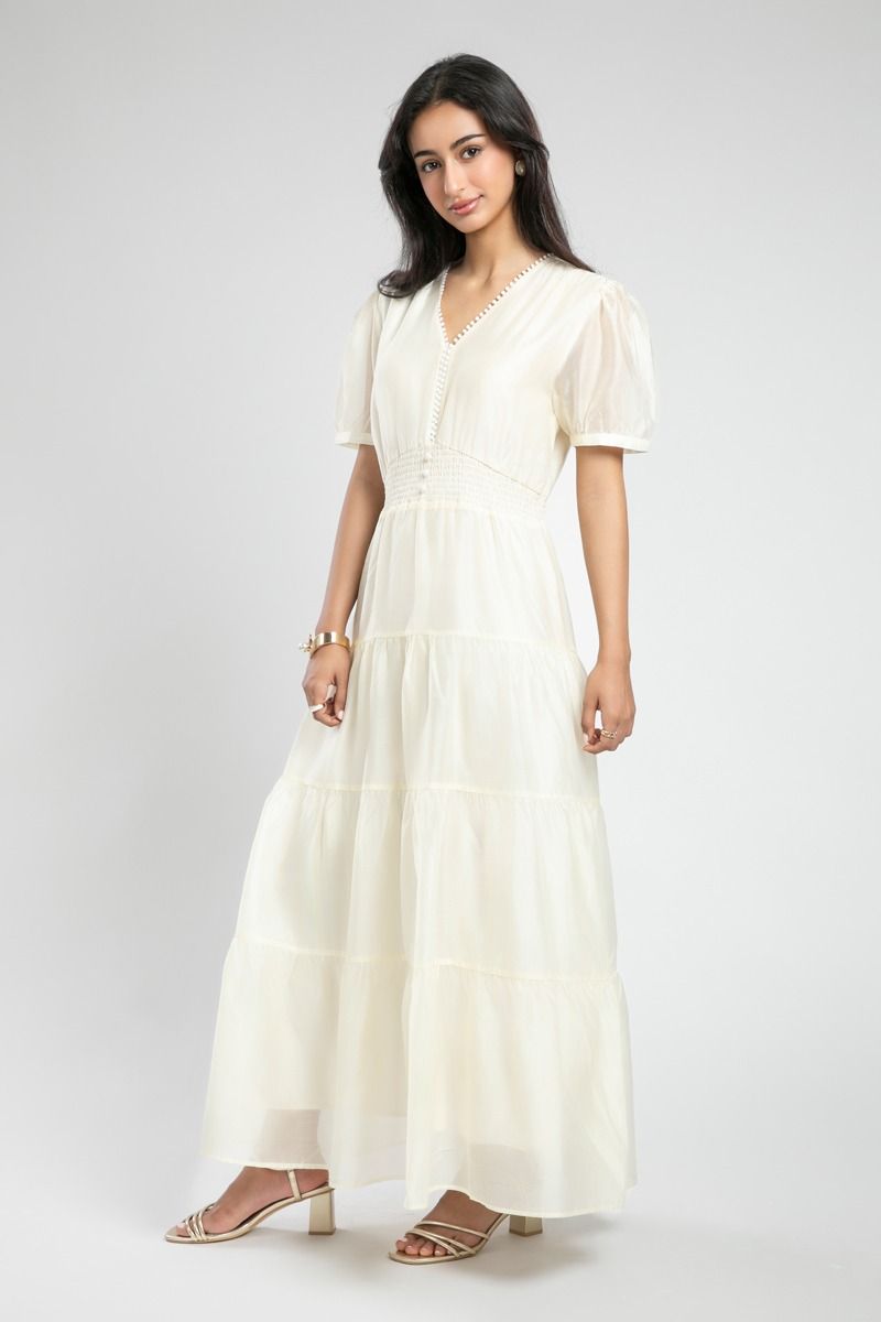 Smocked Waist Maxi Dress with Puff Sleeves