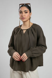 Blouse with Pleats and Keyhole Neckline