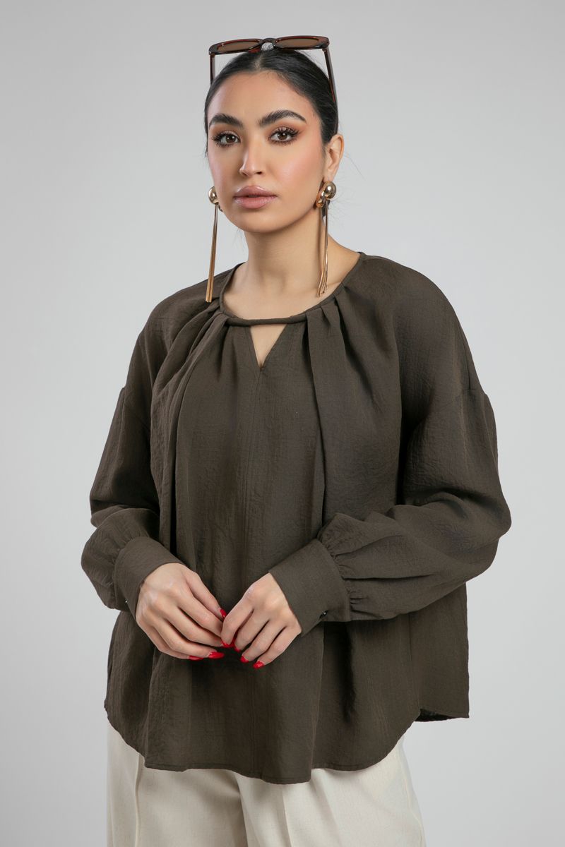 Blouse with Pleats and Keyhole Neckline