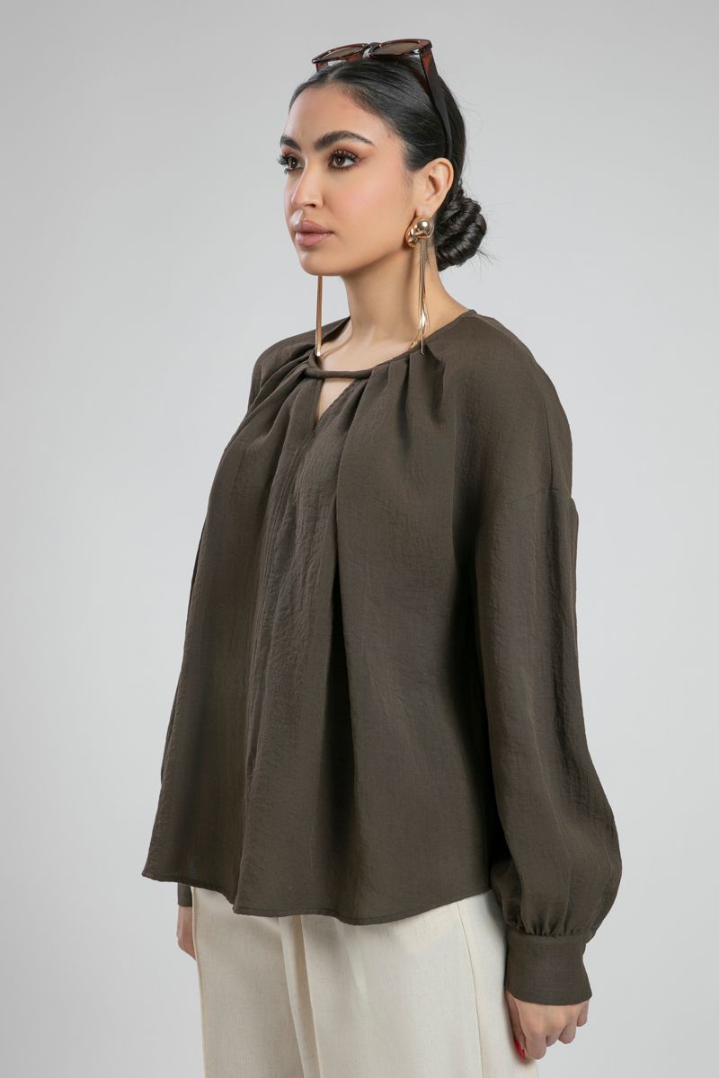 Blouse with Pleats and Keyhole Neckline