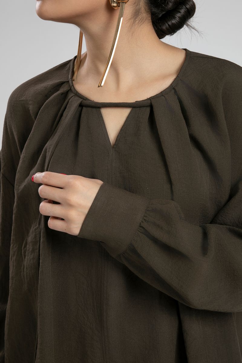Blouse with Pleats and Keyhole Neckline