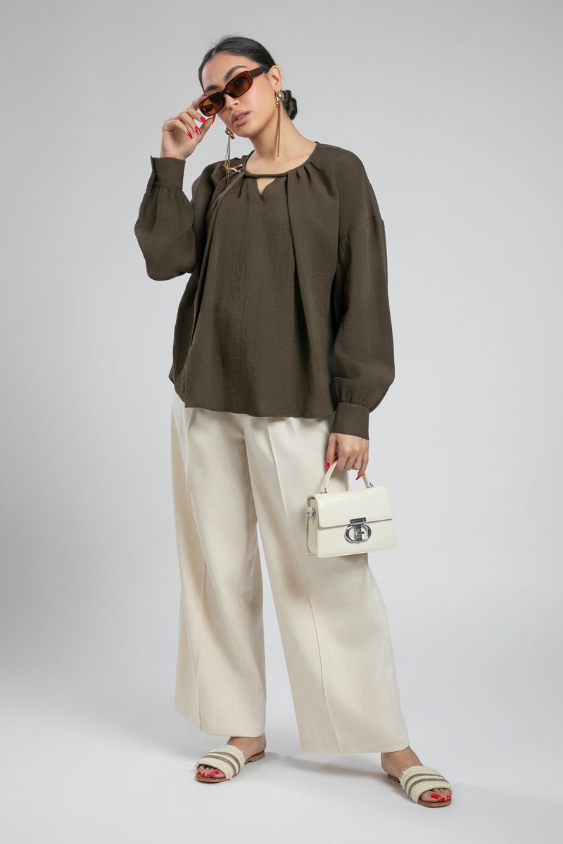 Blouse with Pleats and Keyhole Neckline