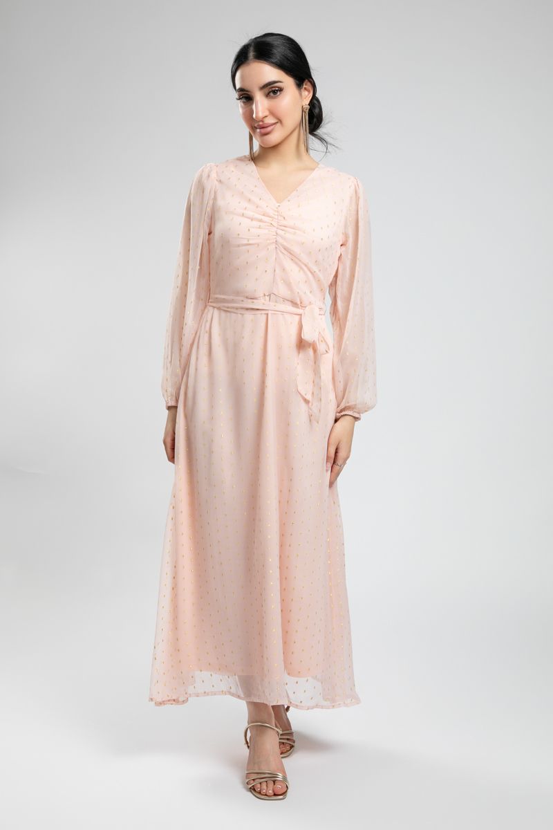 فستان ماكسي أنثوي بحزام خصر