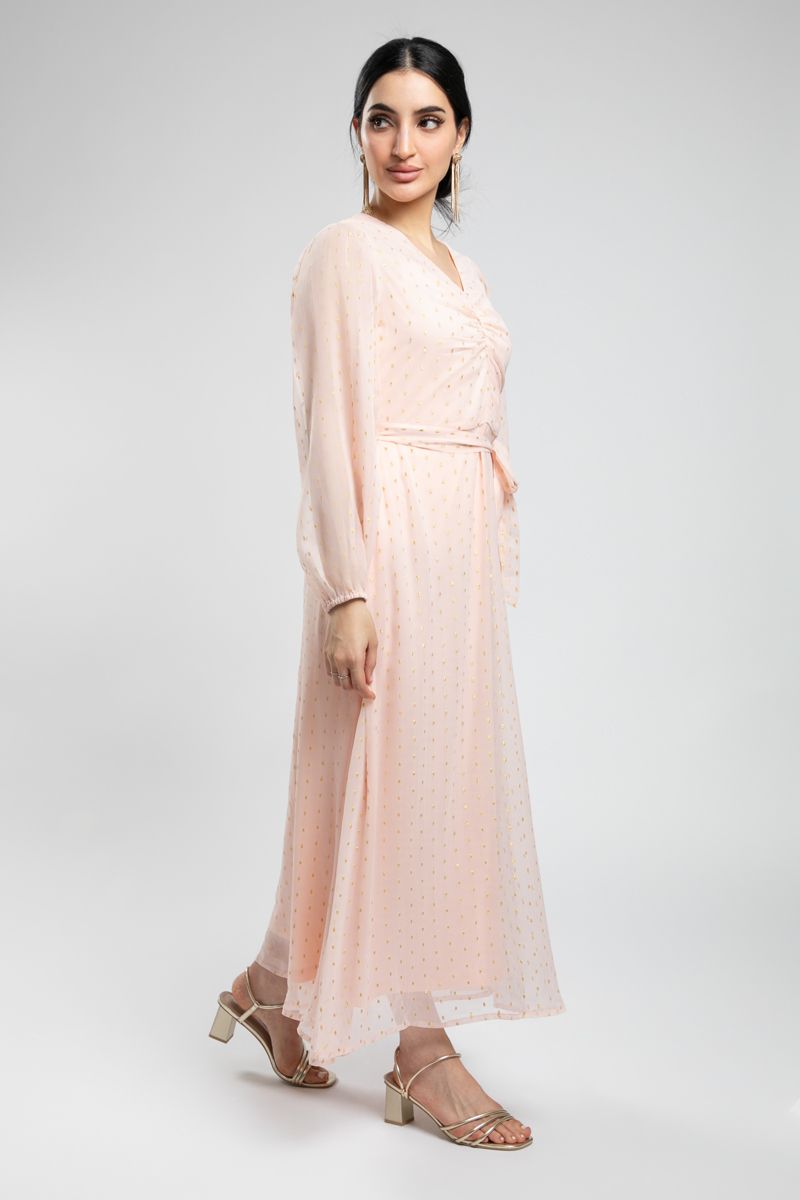 فستان ماكسي أنثوي بحزام خصر