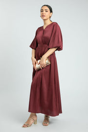 فستان نسائي ماكسي أنيق بأكمام منفوشة من الساتان