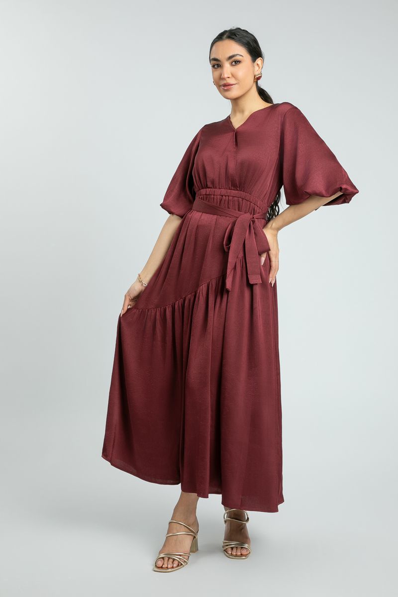 فستان نسائي ماكسي أنيق بأكمام منفوشة من الساتان