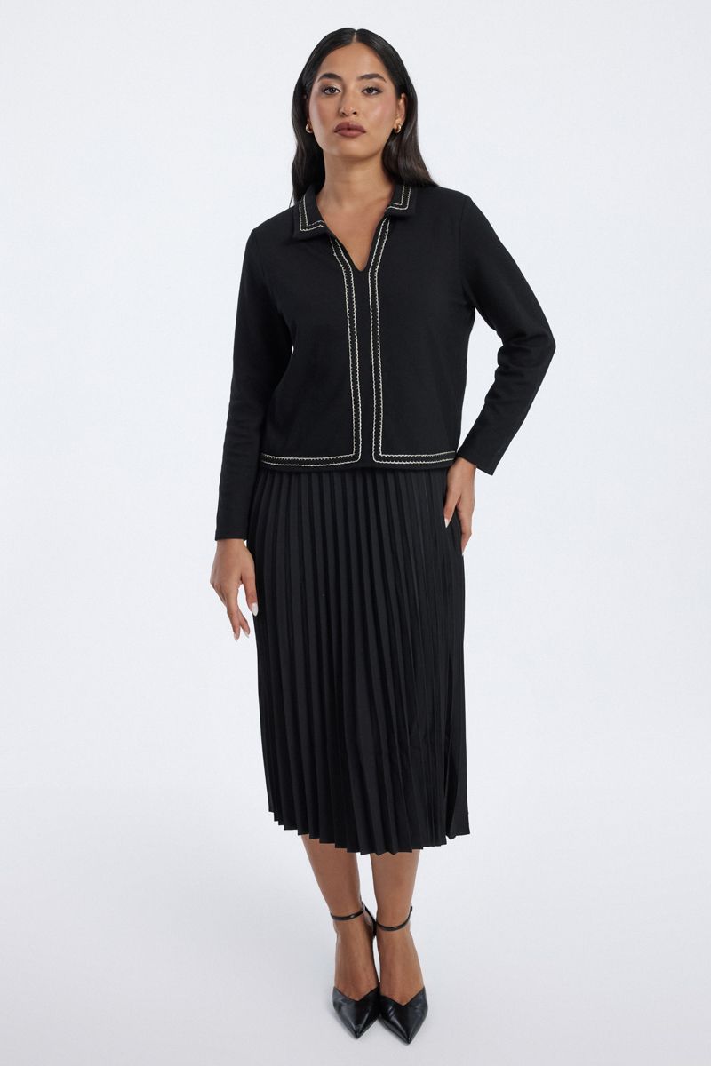 Pleated Midi Dress with Contrast Trim