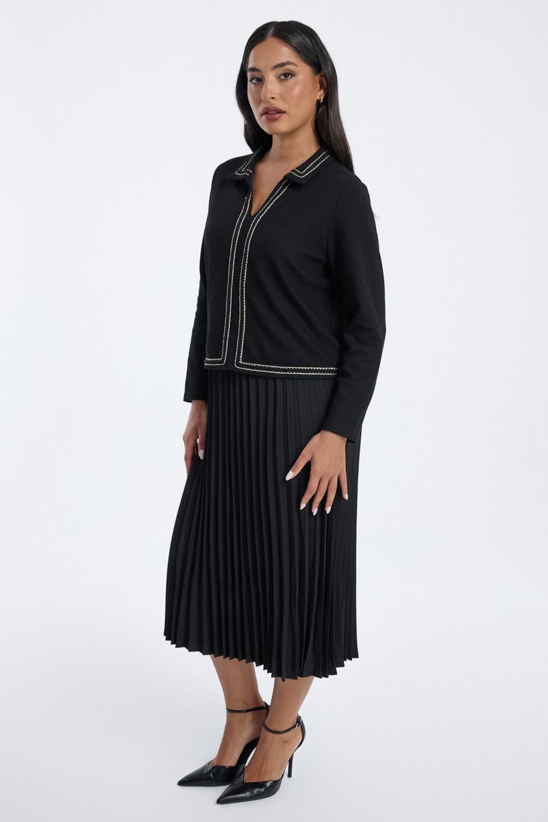 Pleated Midi Dress with Contrast Trim