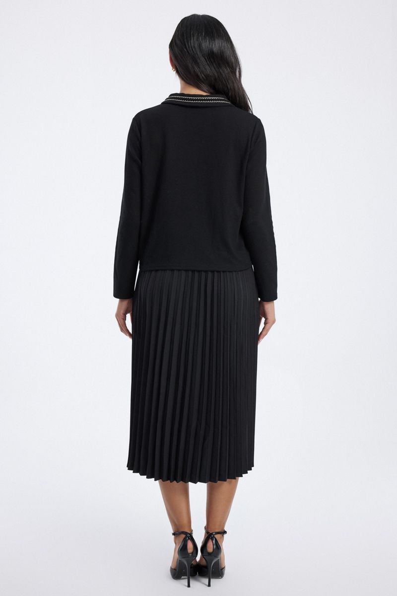 Pleated Midi Dress with Contrast Trim