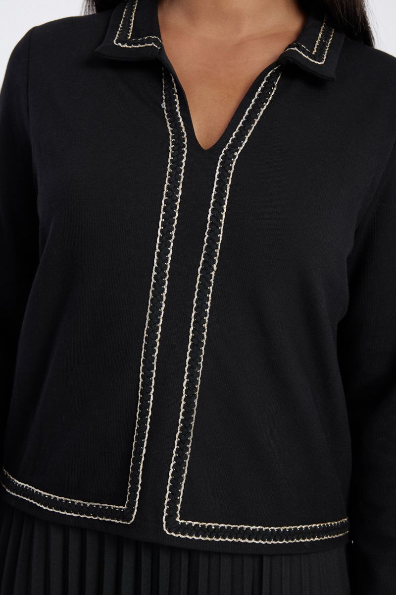 Pleated Midi Dress with Contrast Trim