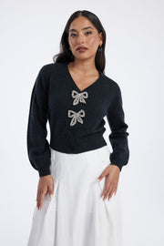 knitted cardigan with rhinestone bow