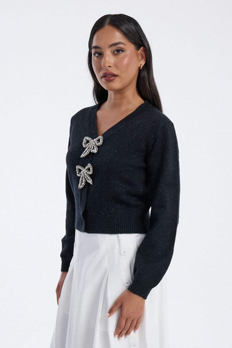 knitted cardigan with rhinestone bow